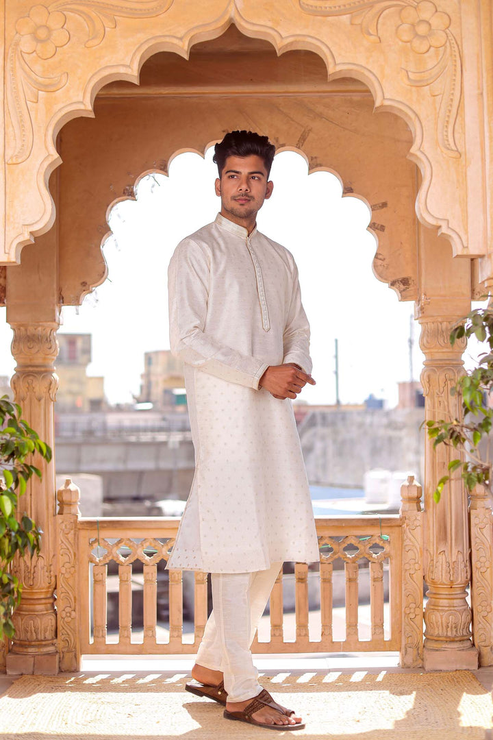 Off White Brocade Silk Kurta suit with resham thread embroidery
