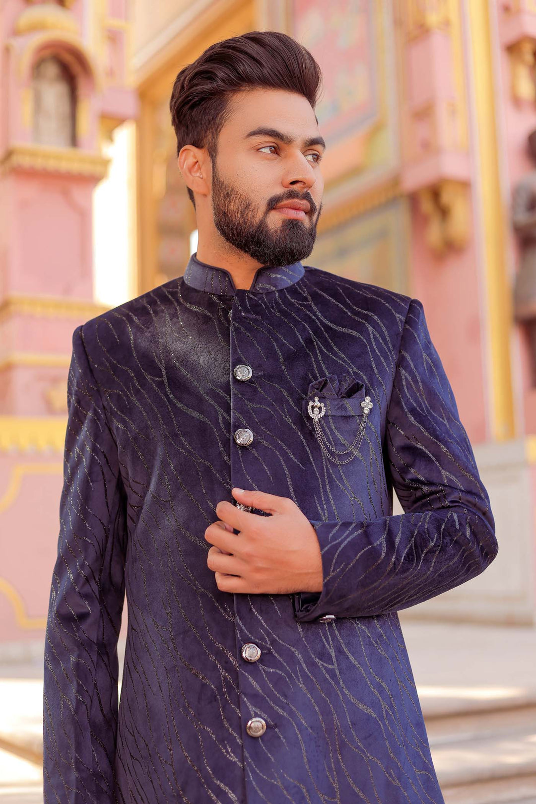 Navy Blue Velvet With Gold Zari Indo-Western Suit