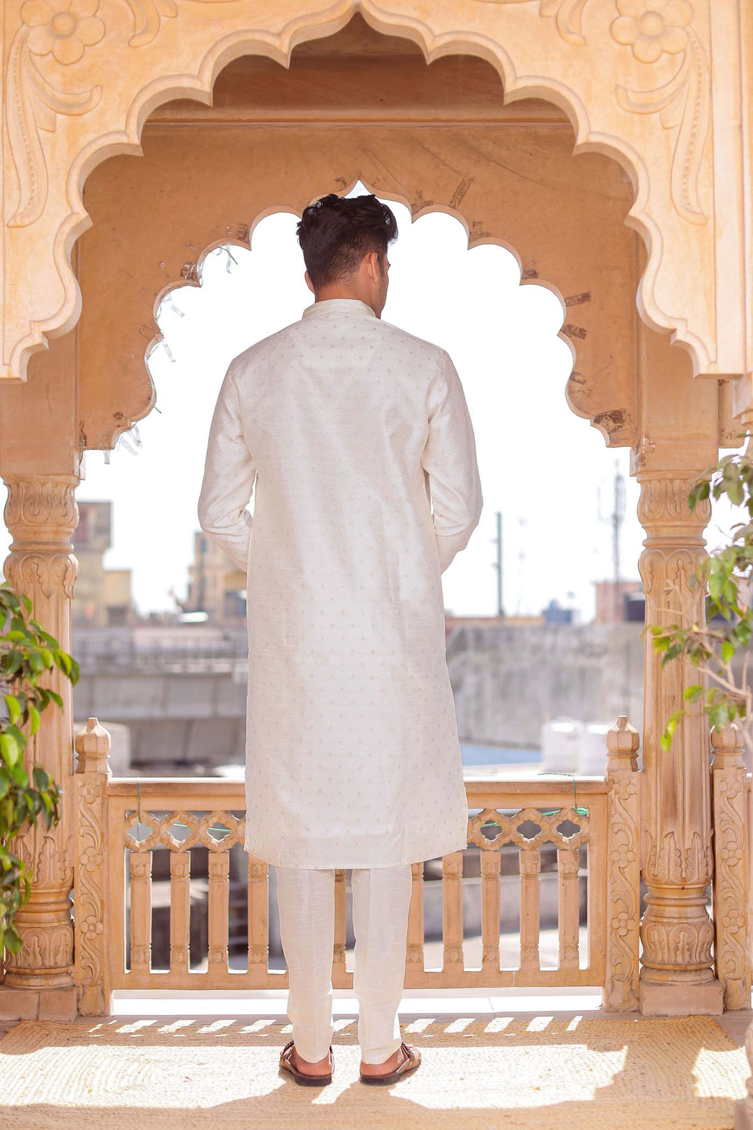 Off White Brocade Silk Kurta suit with resham thread embroidery.