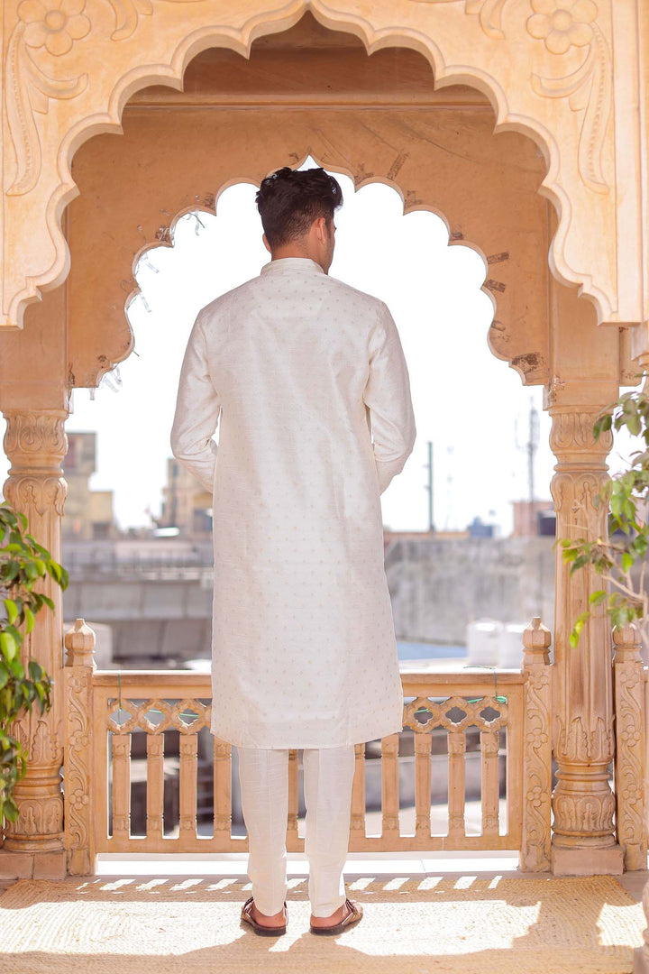 Off White Brocade Silk Kurta suit with resham thread embroidery