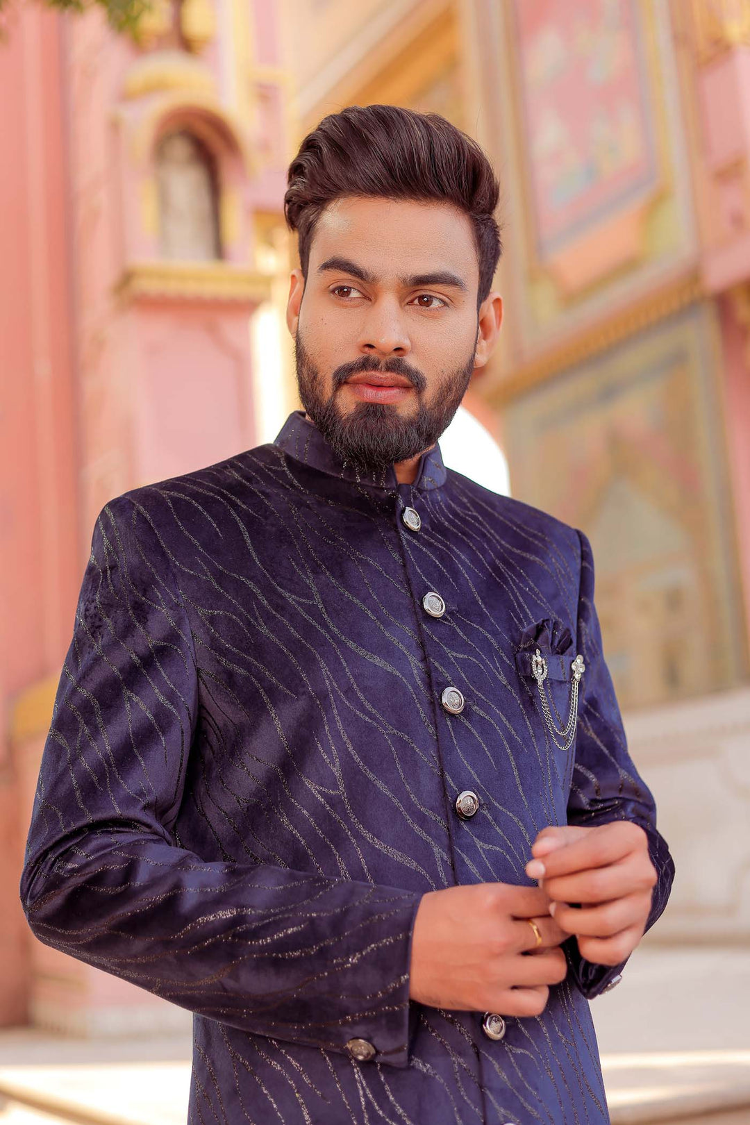 Navy Blue Velvet With Gold Zari Indo-Western Suit