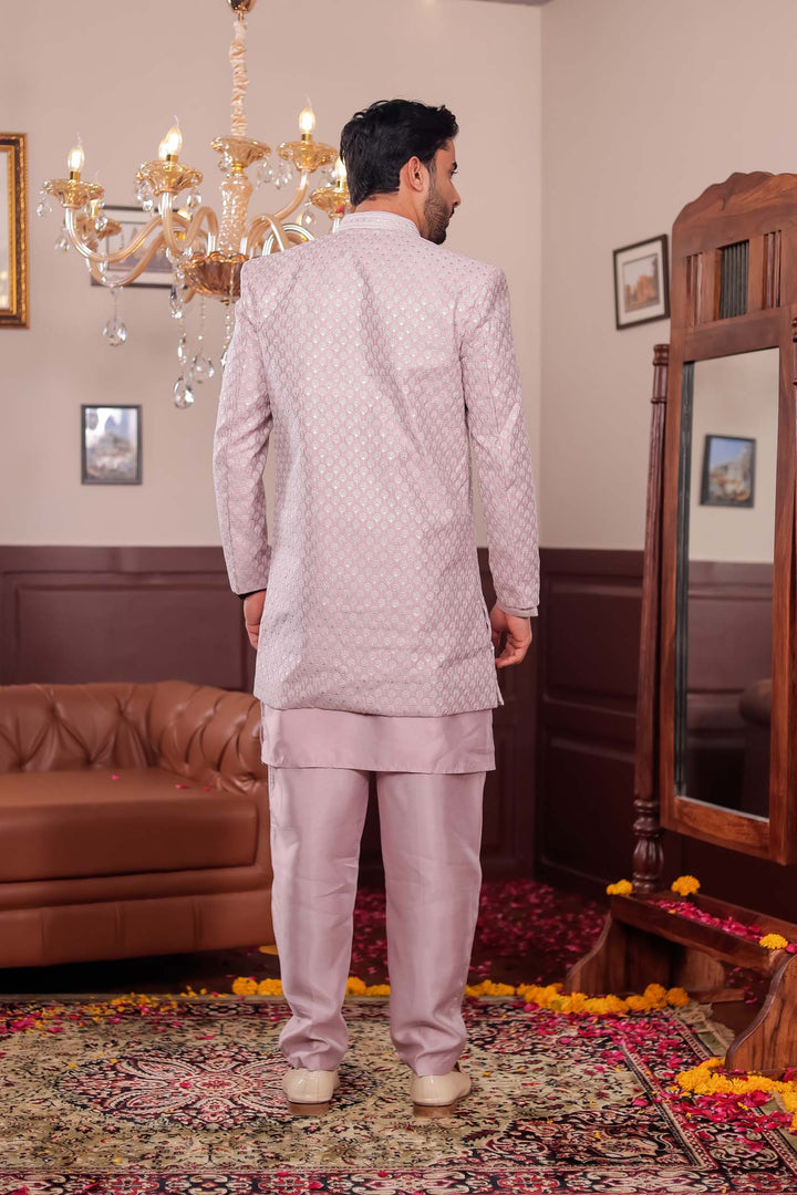 Light Pink Lucknowi Silk Jacket Style Indo-Western Suit.