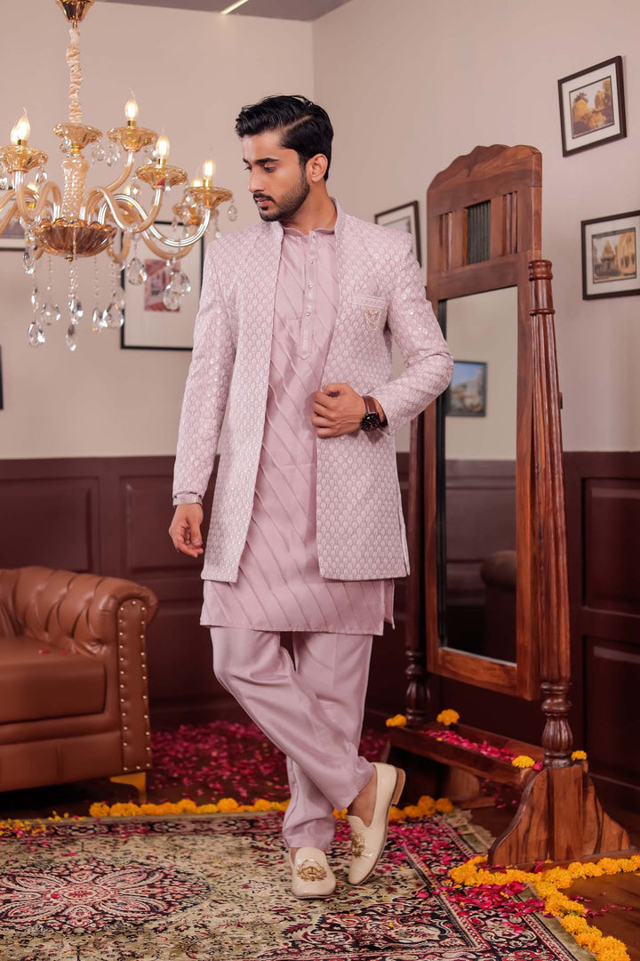 Light Pink Lucknowi Silk Jacket Style Indo-Western Suit.