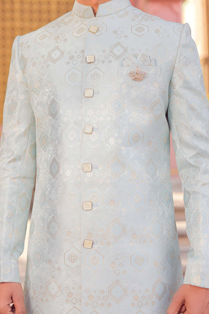 Sea Blue Brocade Silk With Gold Print Indo-Western Suit