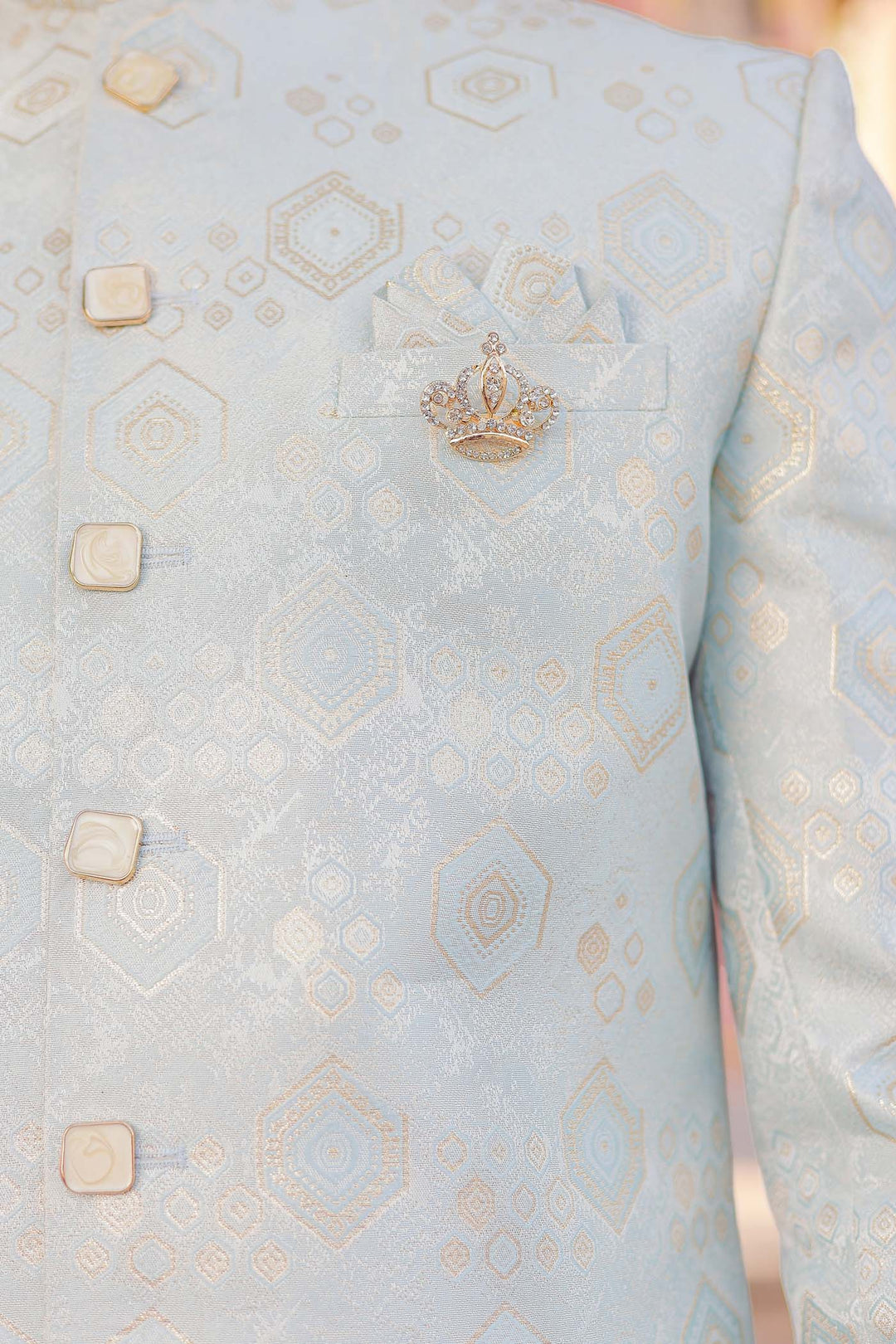 Sea Blue Brocade Silk With Gold Print Indo-Western Suit