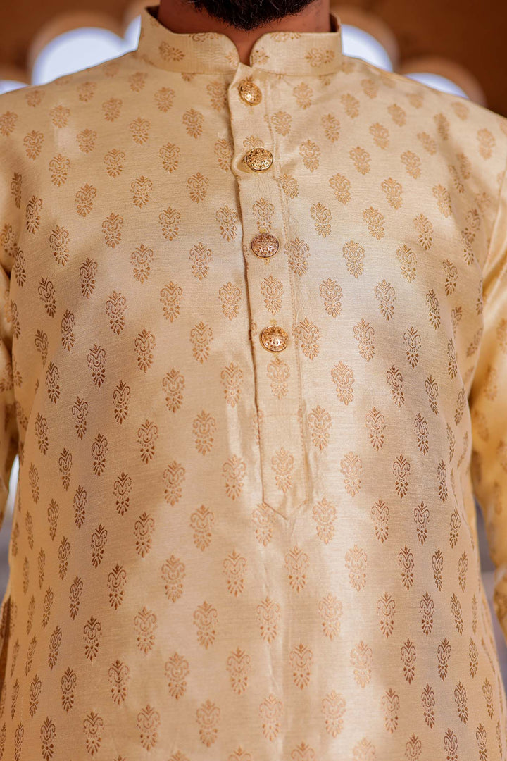 Gold Brocade Silk Kurta Suit.