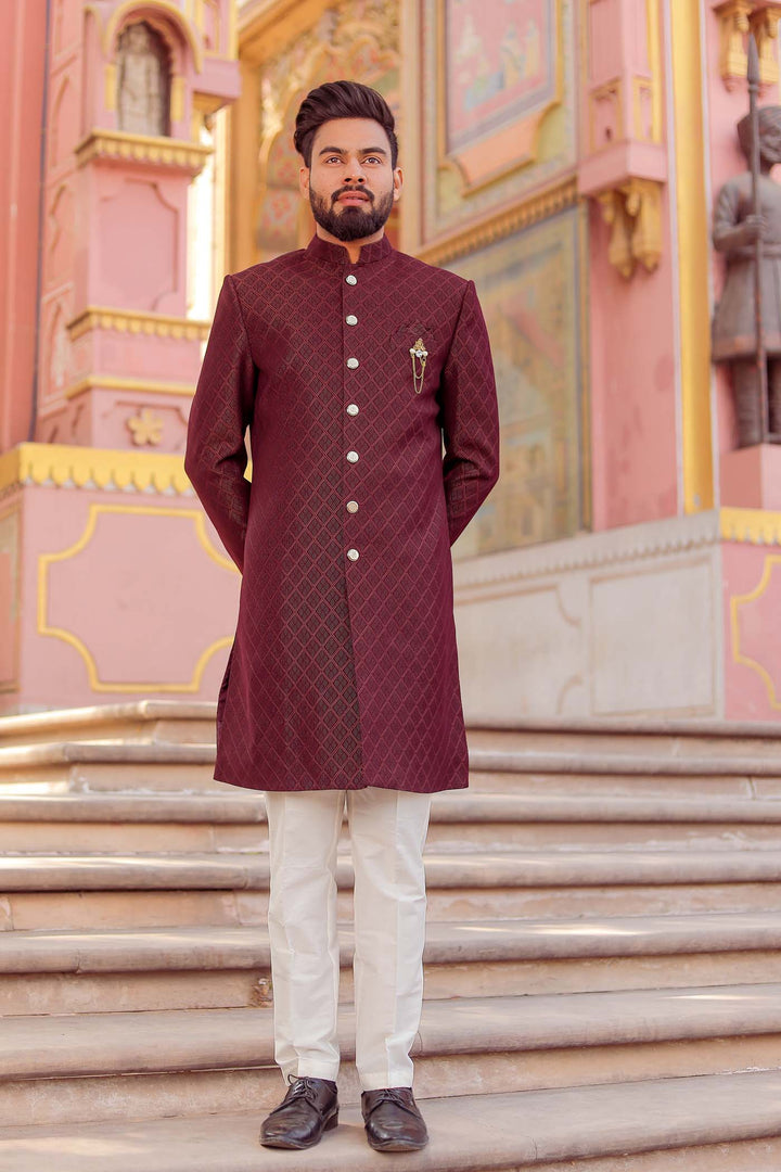 Burgundy Brocade Silk Indo-Western Suit