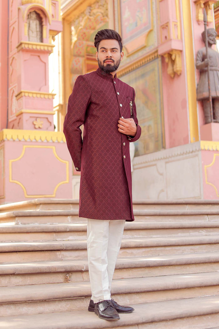 Burgundy Brocade Silk Indo-Western Suit