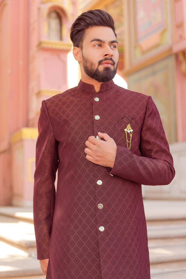 Burgundy Brocade Silk Indo-Western Suit