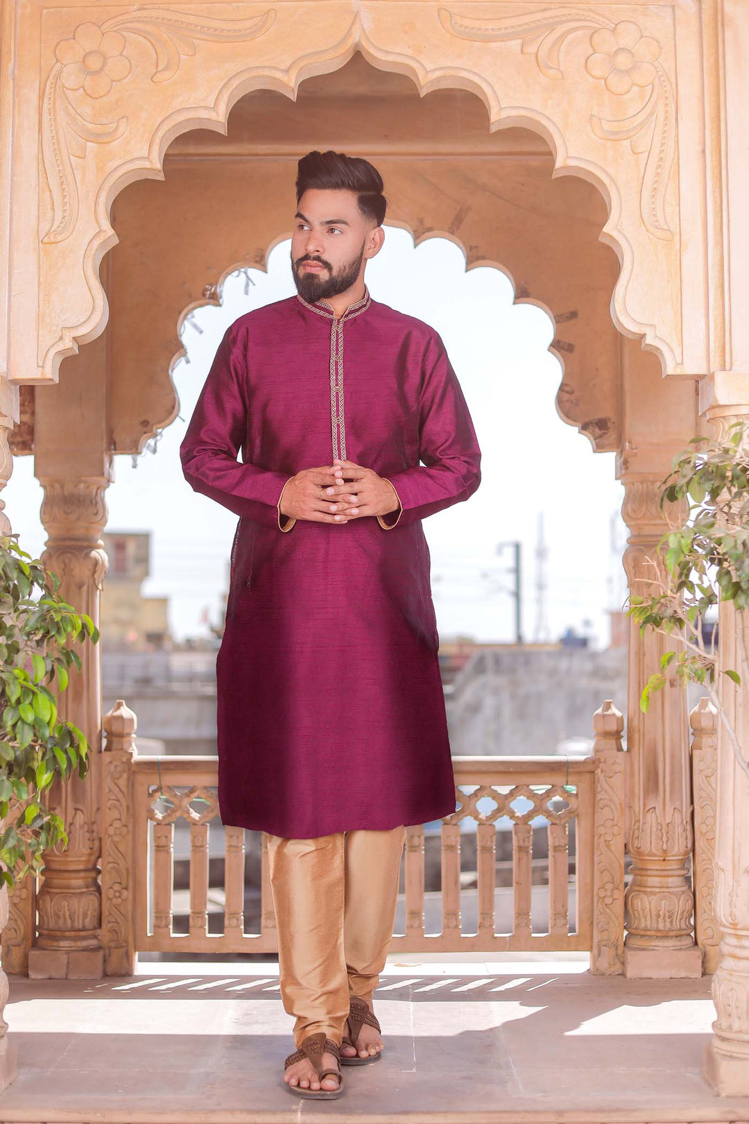 Purple Brocade Silk Kurta Suit With Gold Zari Work.