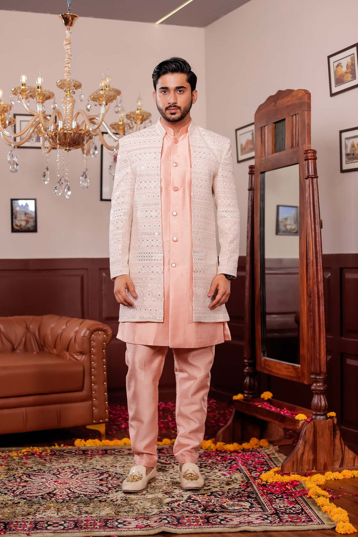 Light Peach Lucknowi Open Jacket Style Indo-western Suit.