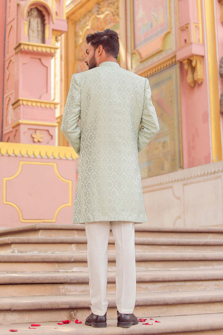 Mint Green Brocade Silk Jacket Style Indo-wester Suit.