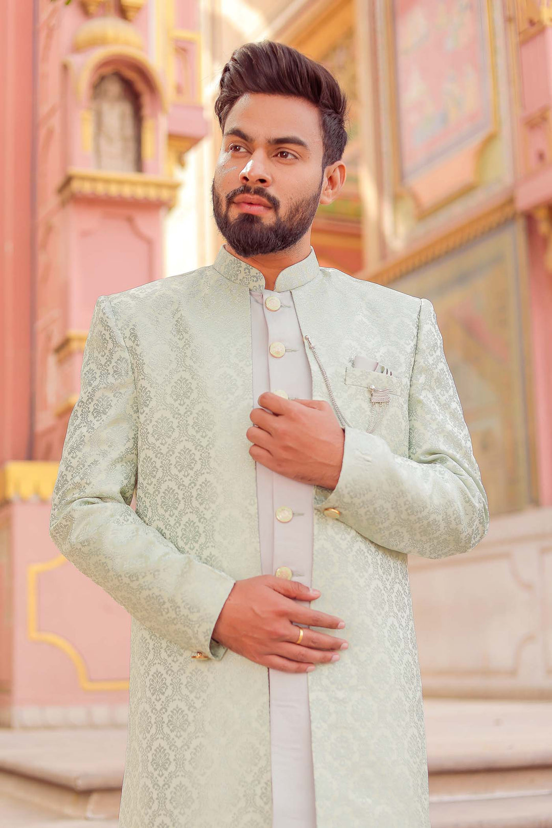 Mint Green Brocade Silk Jacket Style Indo-wester Suit.