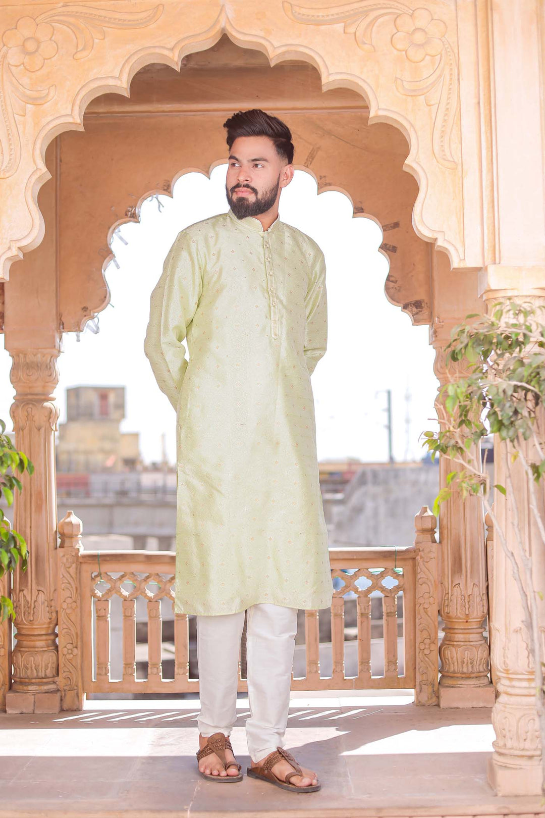 Mint Green Brocade Silk Kurta Suit Looped Buttons.