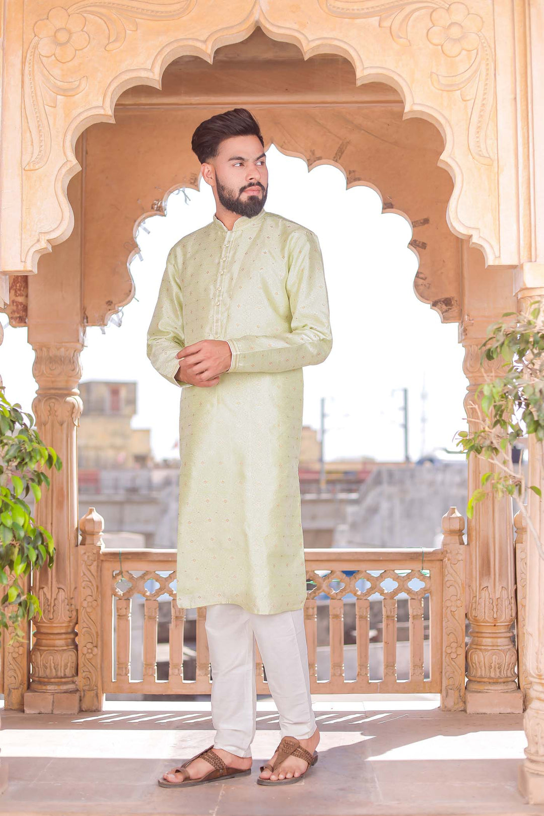 Mint Green Brocade Silk Kurta Suit Looped Buttons.