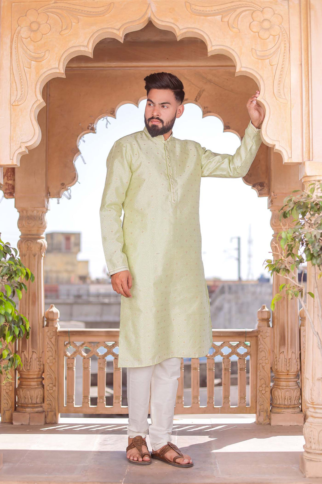 Mint Green Brocade Silk Kurta Suit Looped Buttons.