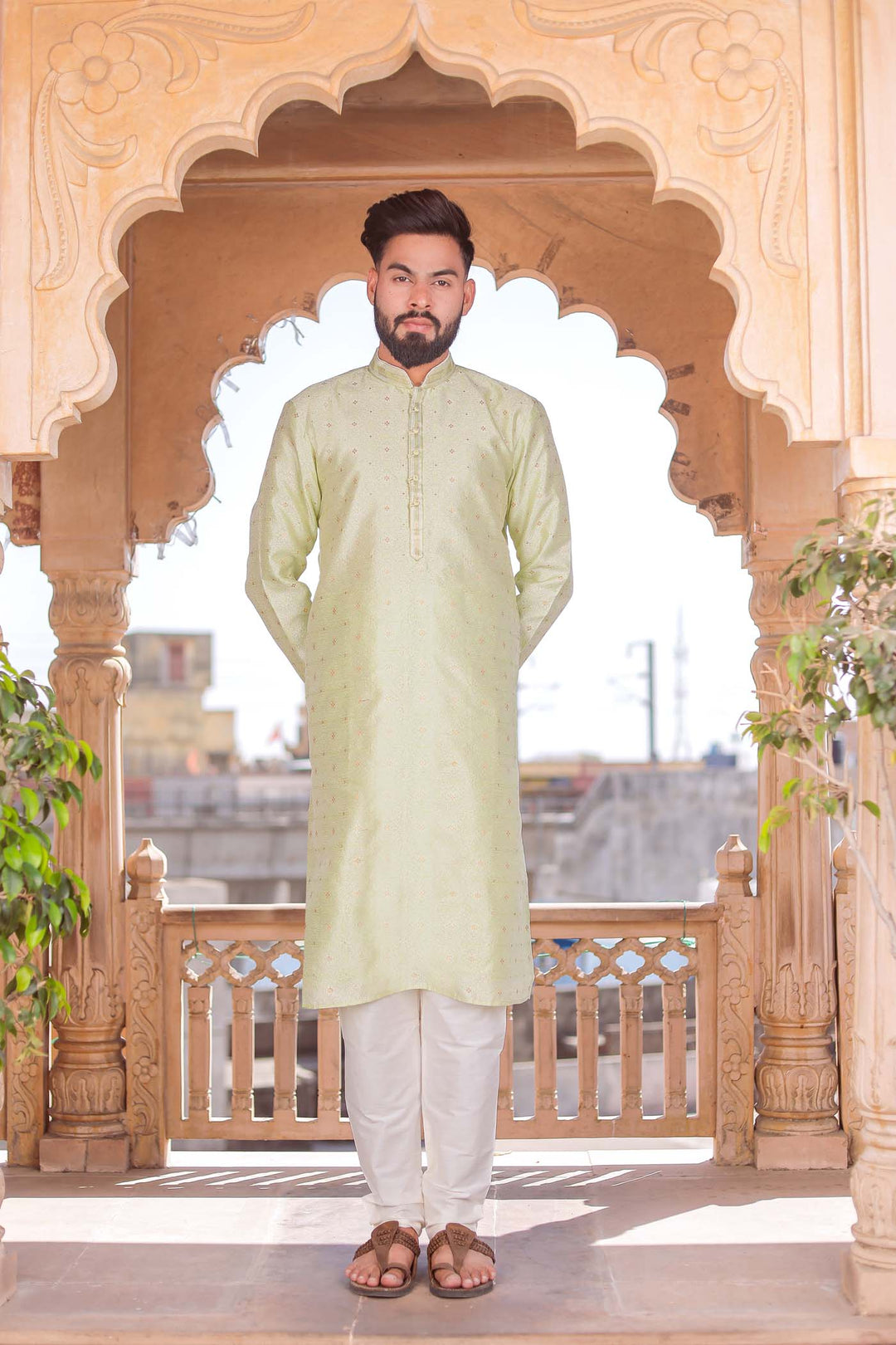 Mint Green Brocade Silk Kurta Suit Looped Buttons.