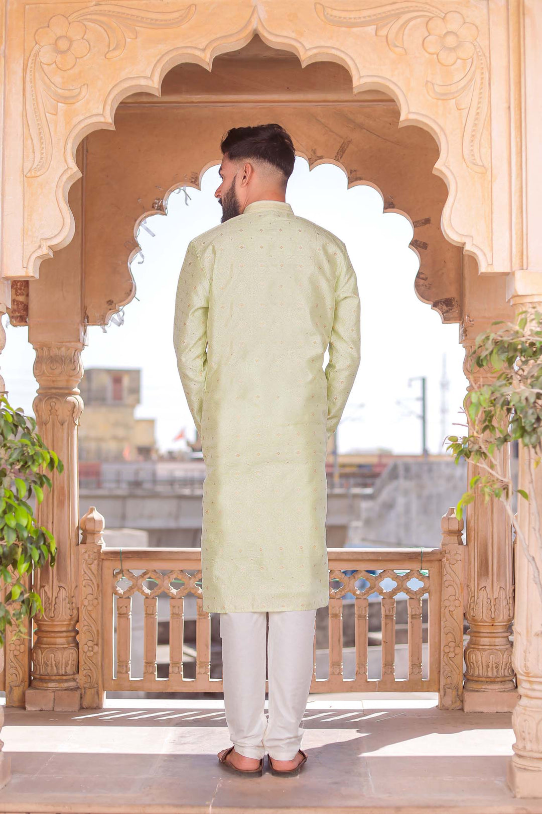 Mint Green Brocade Silk Kurta Suit Looped Buttons.