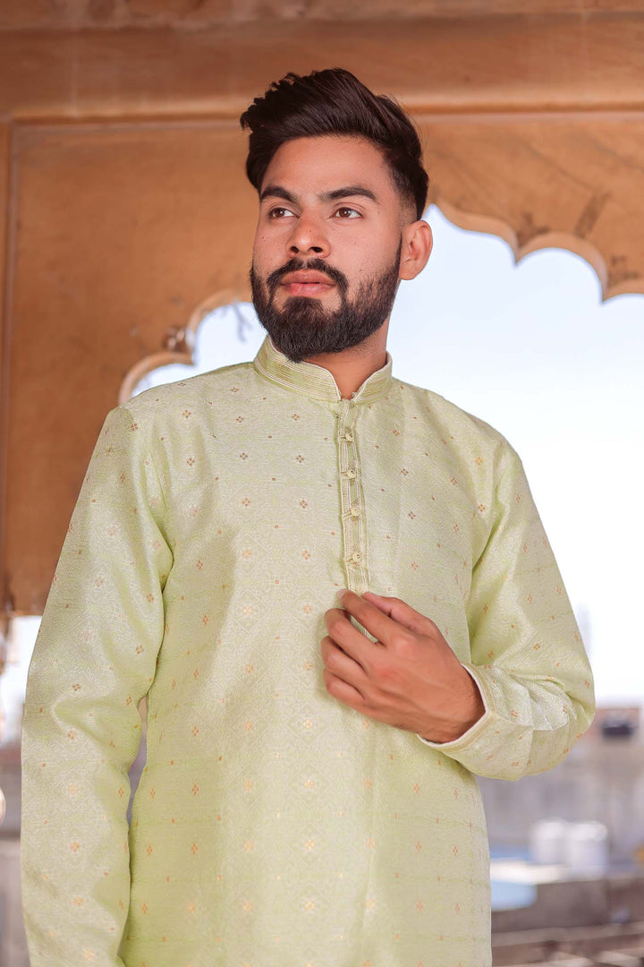 Mint Green Brocade Silk Kurta Suit Looped Buttons.