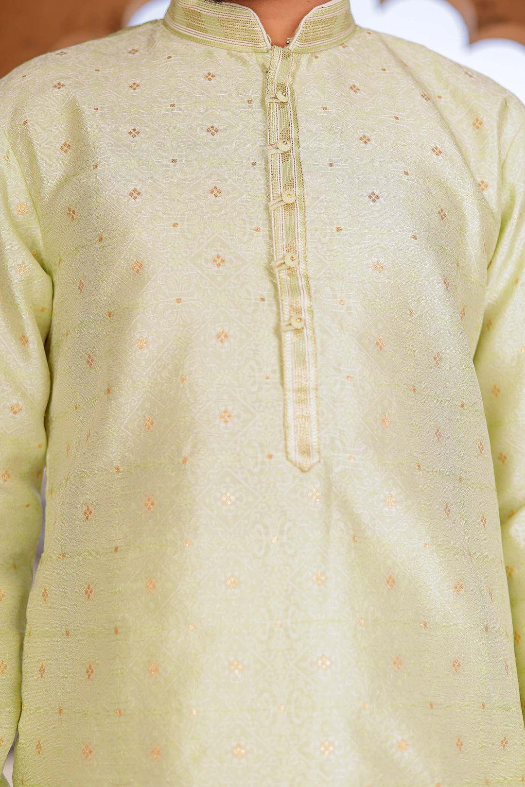 Mint Green Brocade Silk Kurta Suit Looped Buttons.