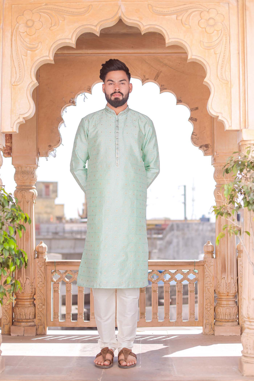 Sky Blue Brocade Silk Kurta Suit Looped Buttons.