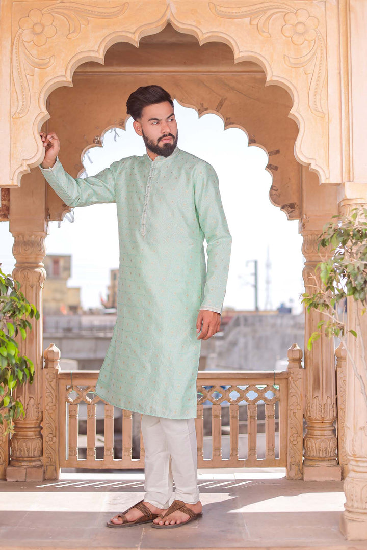 Sky Blue Brocade Silk Kurta Suit Looped Buttons.