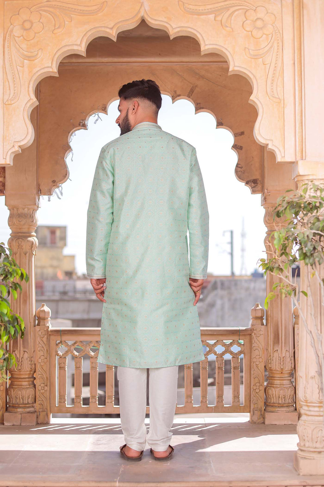 Sky Blue Brocade Silk Kurta Suit Looped Buttons.