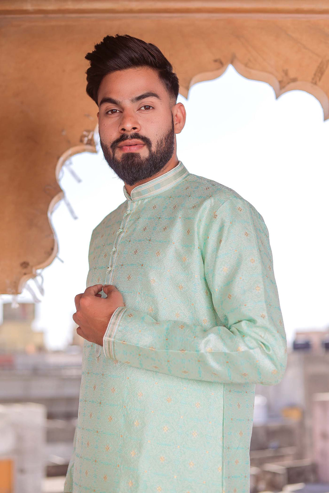 Sky Blue Brocade Silk Kurta Suit Looped Buttons.