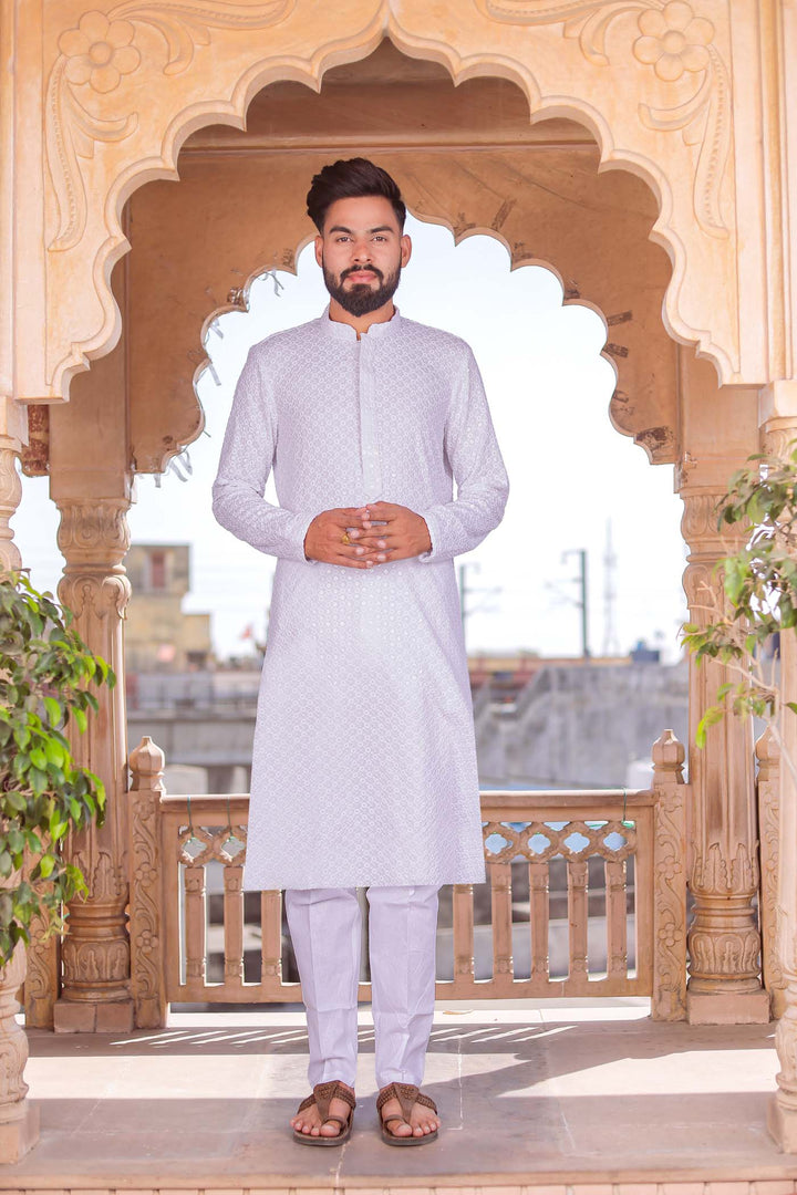 White Lucknowi Kurta Suit With Sequin Work.