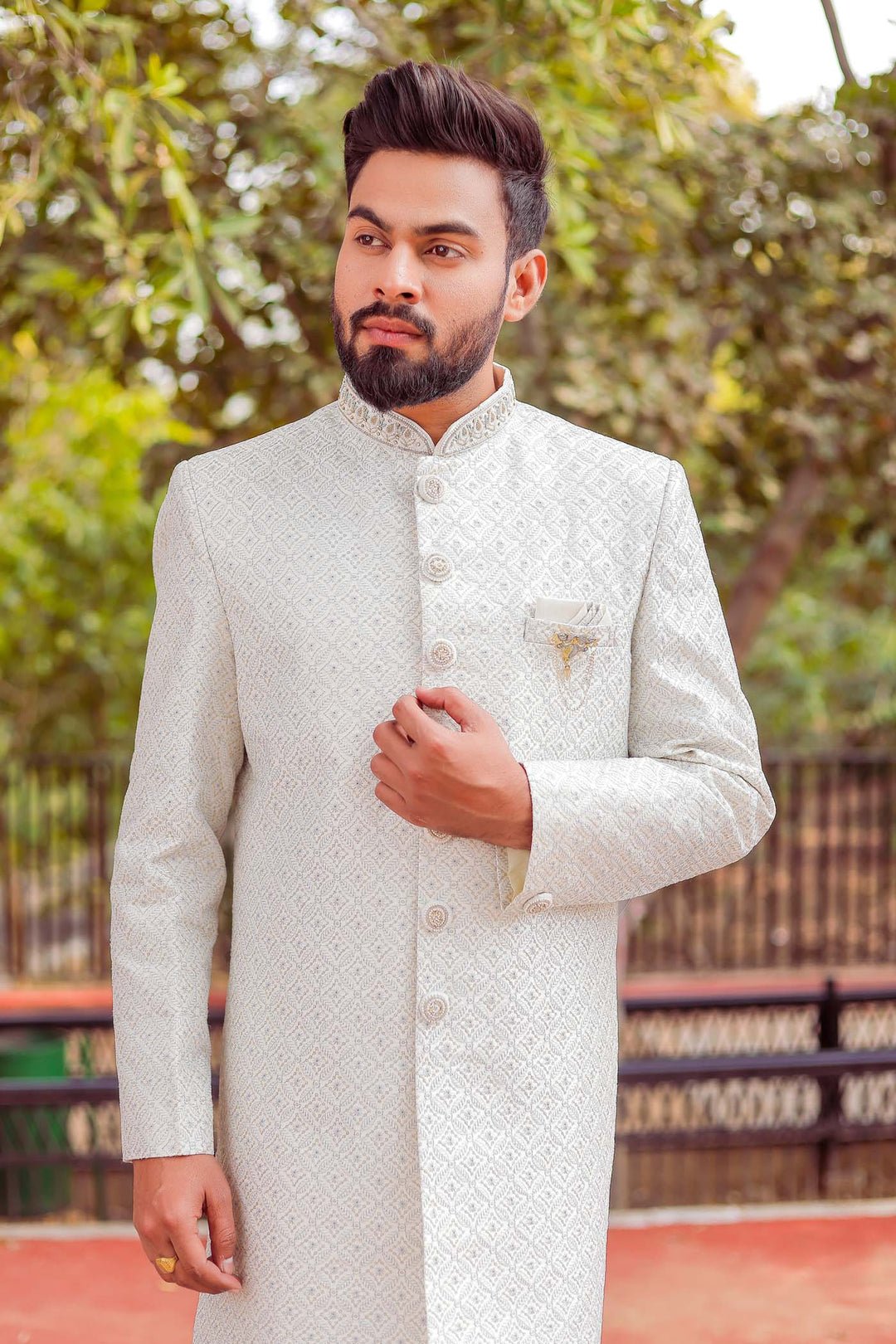 Light Blue Lucknowi Silk Indo-western Suit