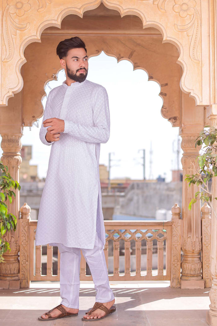 White Lucknowi Kurta Suit With Sequin Work.