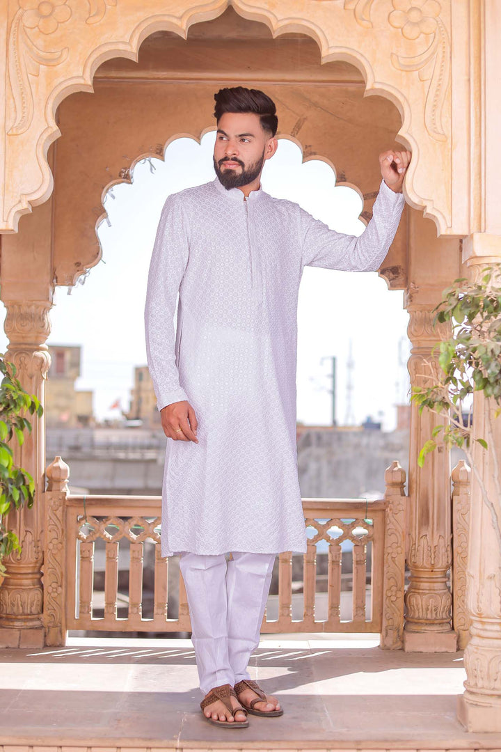 White Lucknowi Kurta Suit With Sequin Work.