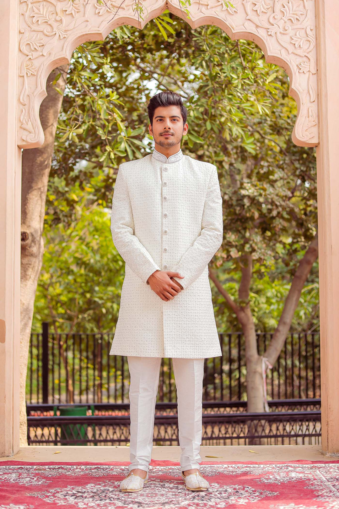 Off white Lucknowi Silk Indo-western Suit