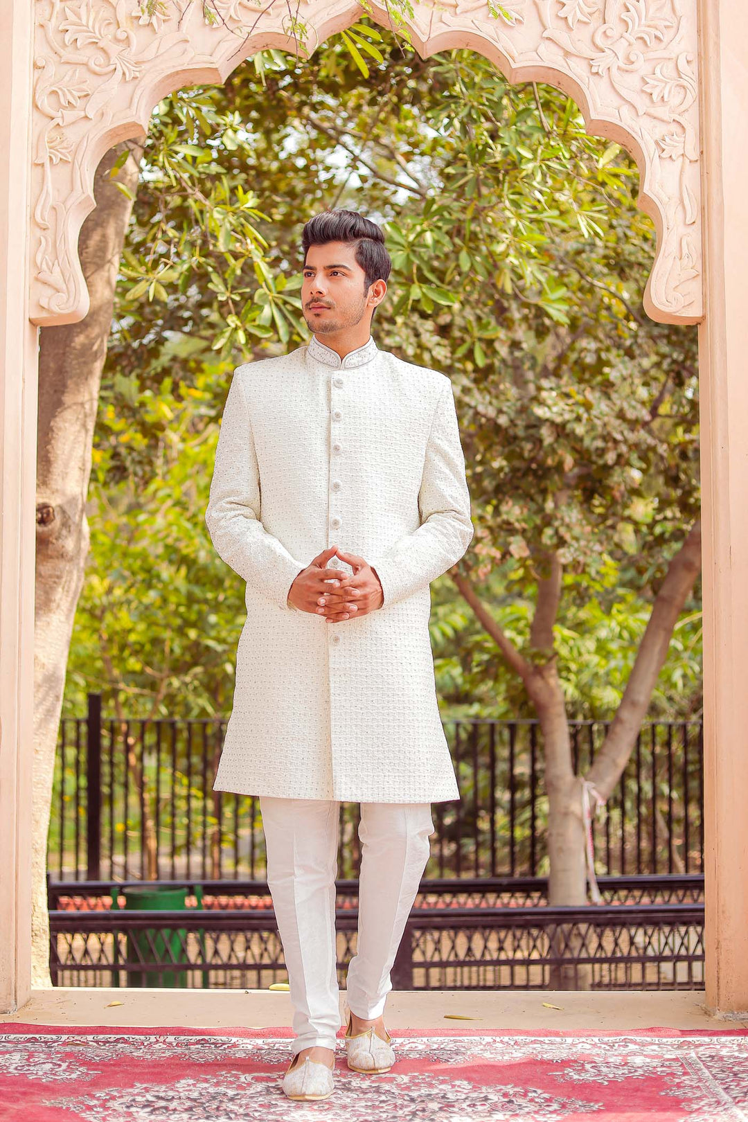Off white Lucknowi Silk Indo-western Suit