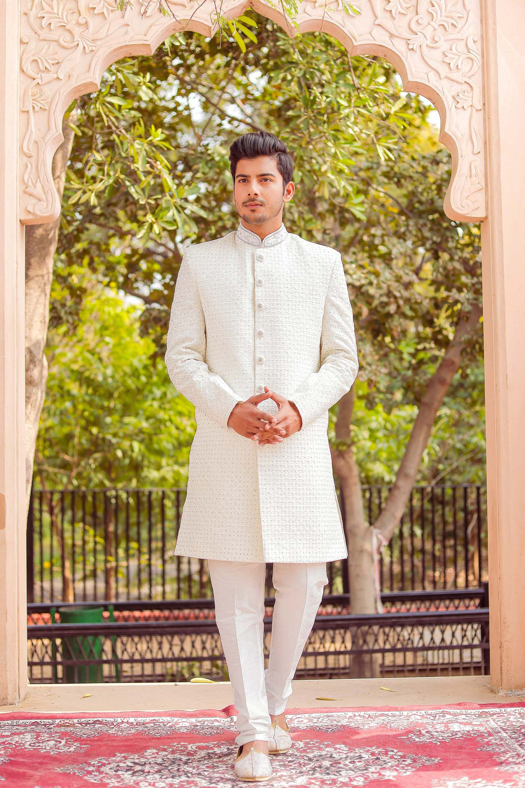 Off white Lucknowi Silk Indo-western Suit