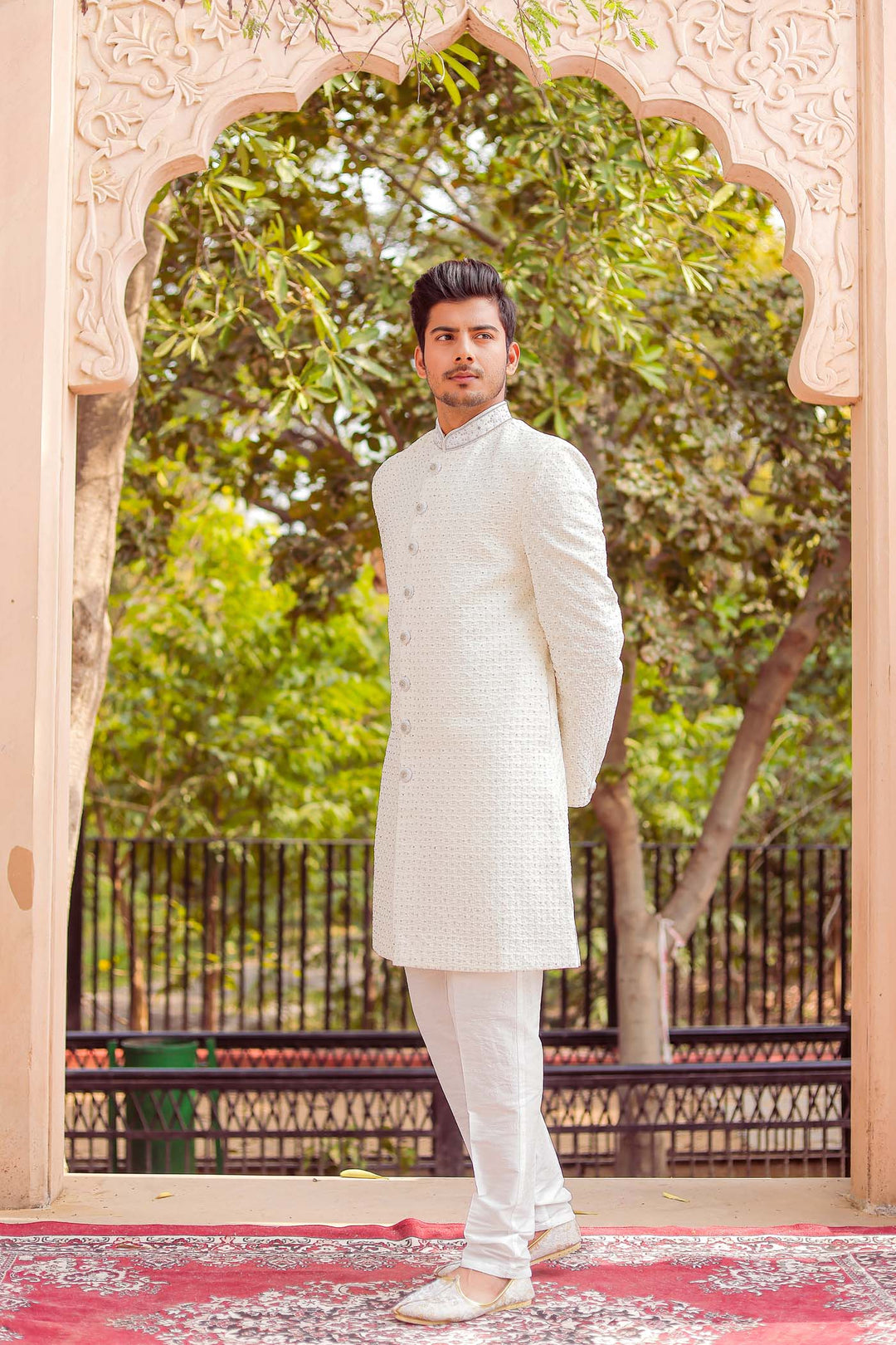 Off white Lucknowi Silk Indo-western Suit