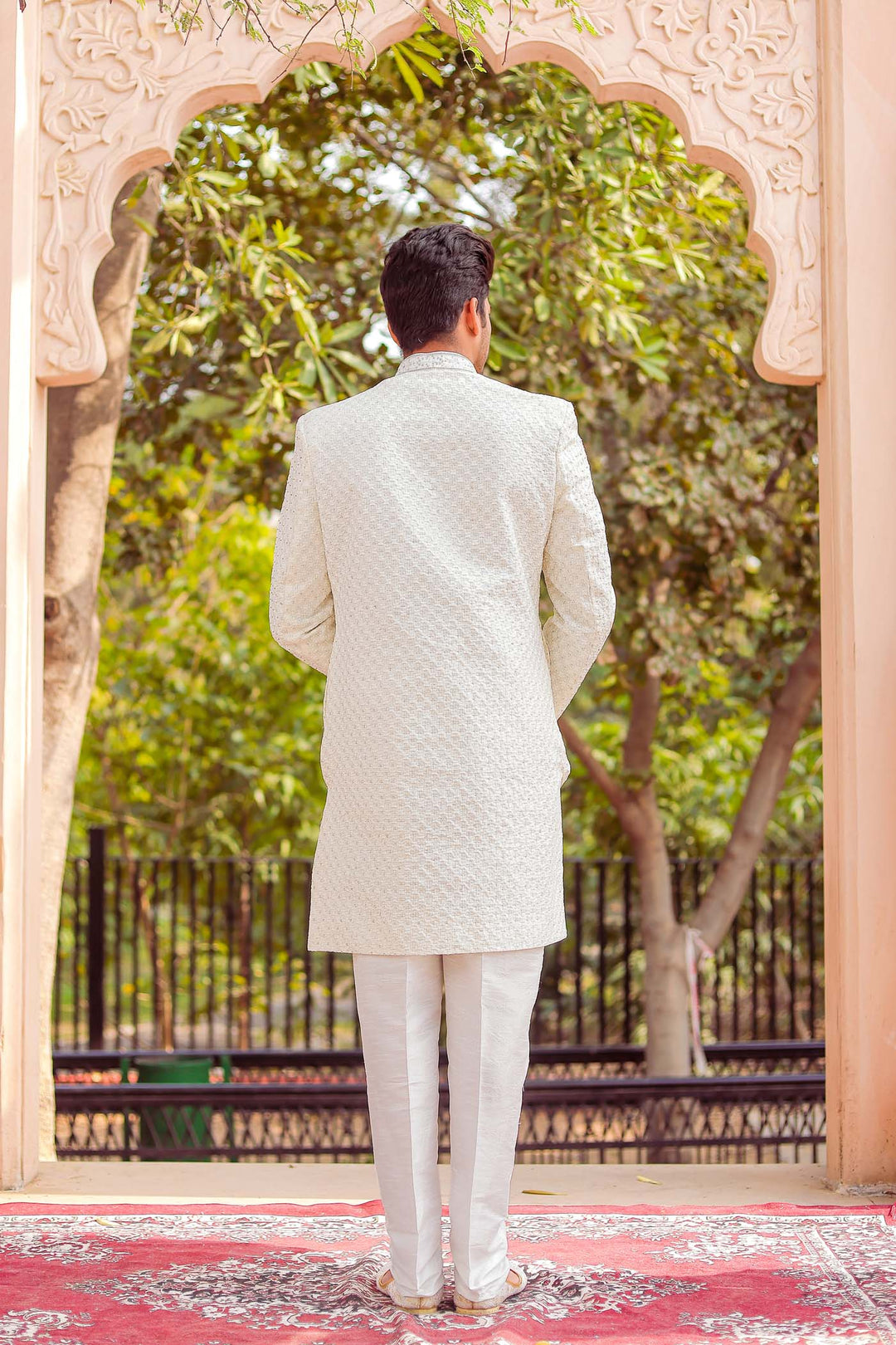 Off white Lucknowi Silk Indo-western Suit