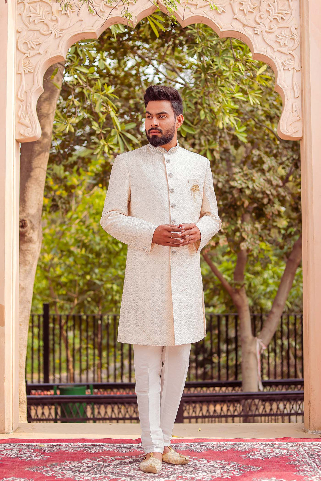 Peach Lucknowi Silk Indo-western Suit