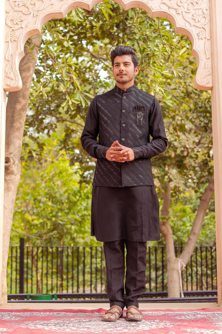 Black Soft Silk Jacket And Kurta Suit