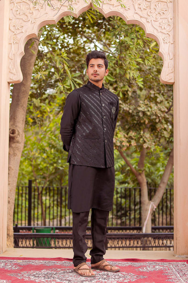 Black Soft Silk Jacket And Kurta Suit