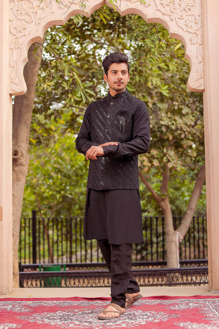 Black Soft Silk Jacket And Kurta Suit