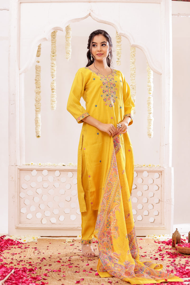 Yellow Soft Silk Straight Cut Kurta Set
