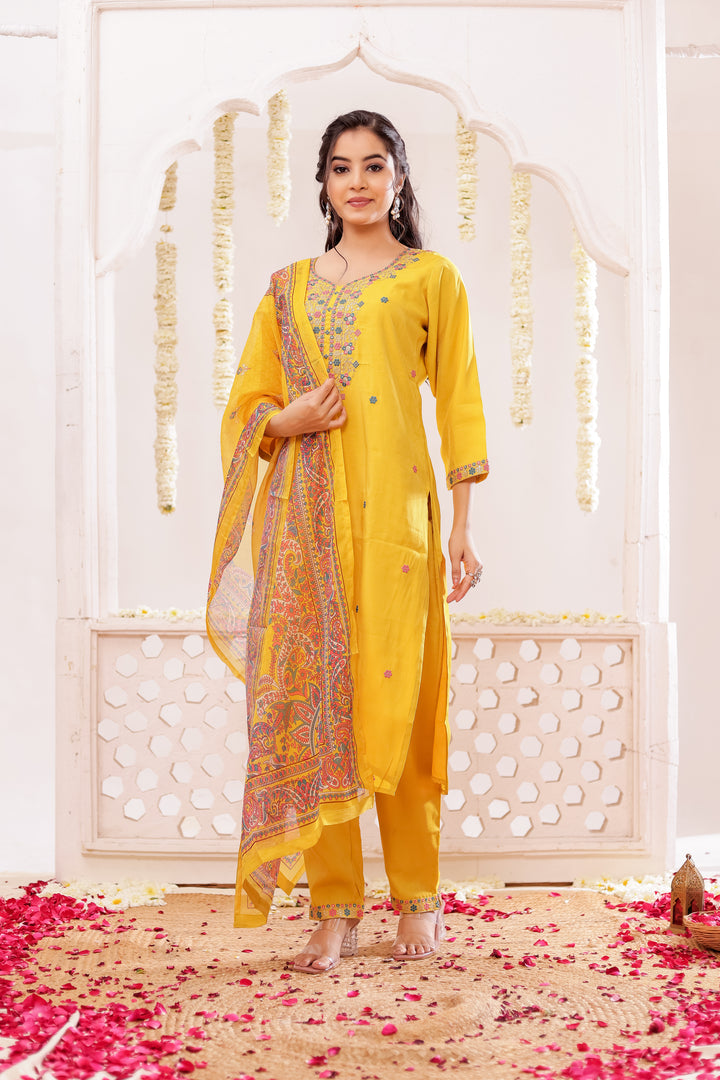 Yellow Soft Silk Straight Cut Kurta Set