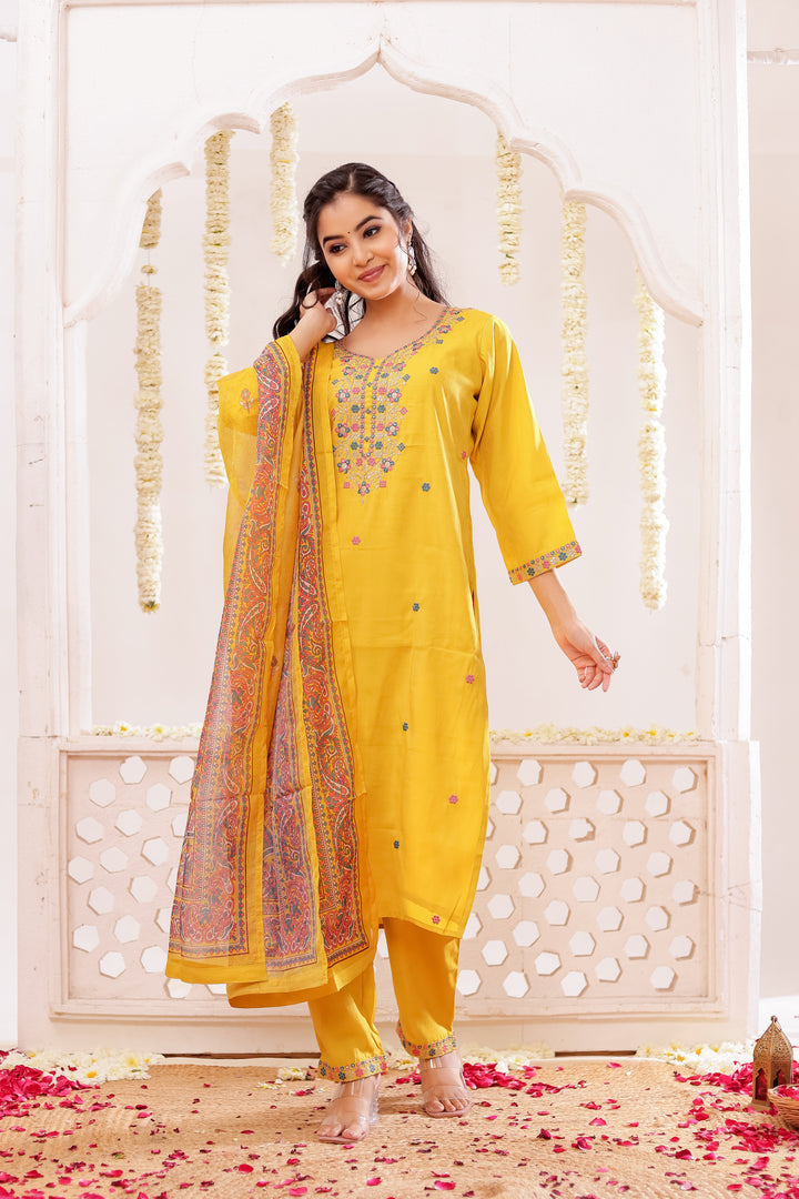 Yellow Soft Silk Straight Cut Kurta Set