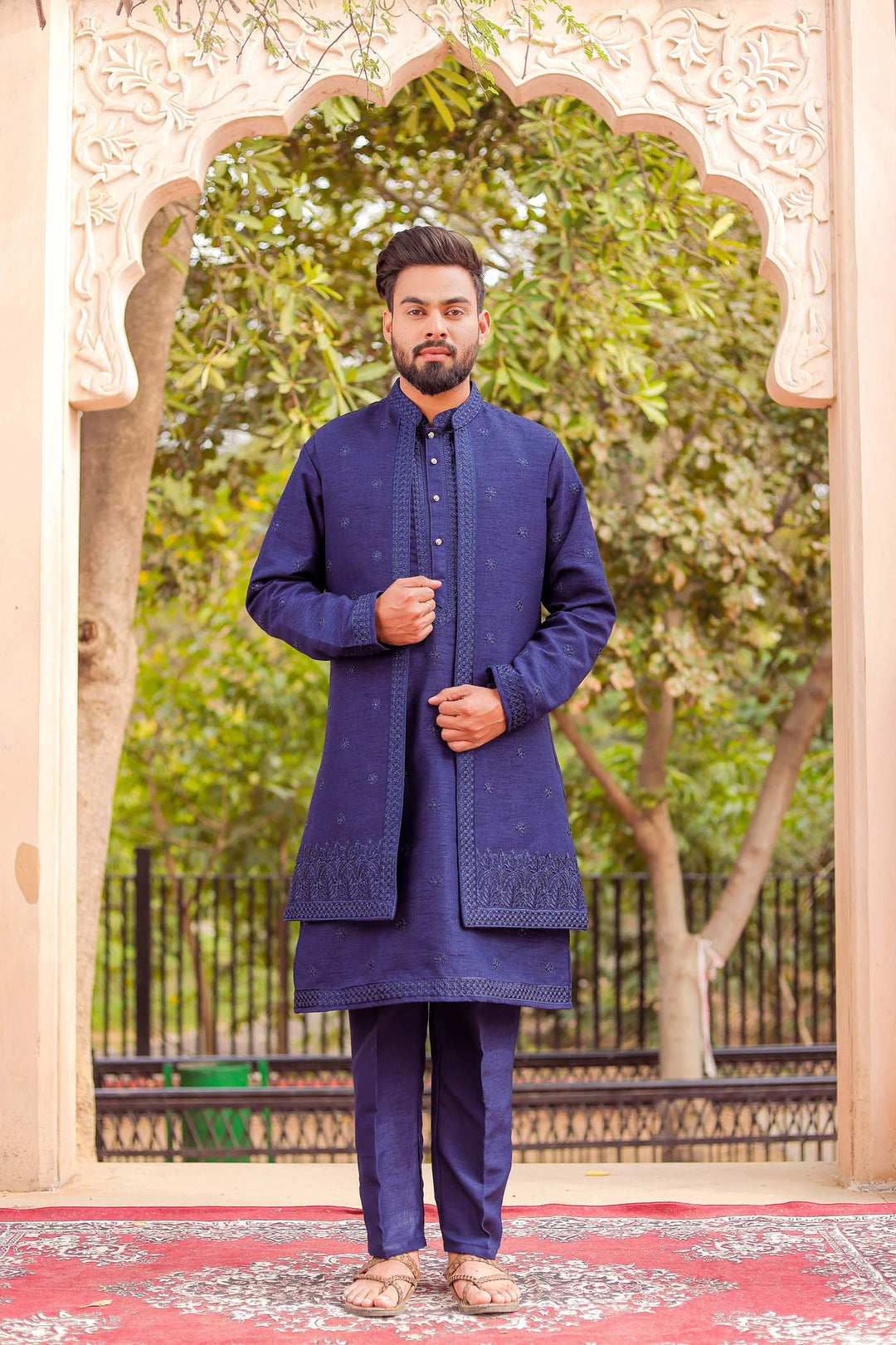 Navy Blue Front Open Jacket With Kurta Suit.