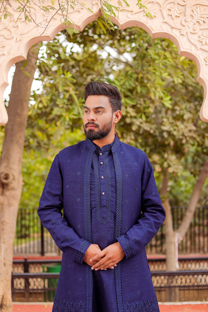 Navy Blue Front Open Jacket With Kurta Suit.