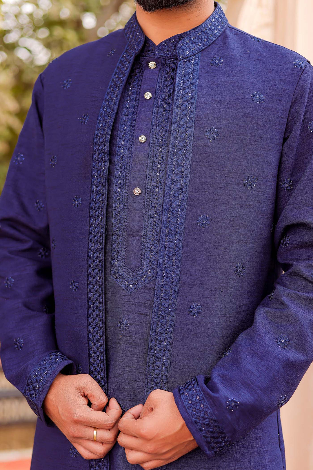 Navy Blue Front Open Jacket With Kurta Suit.