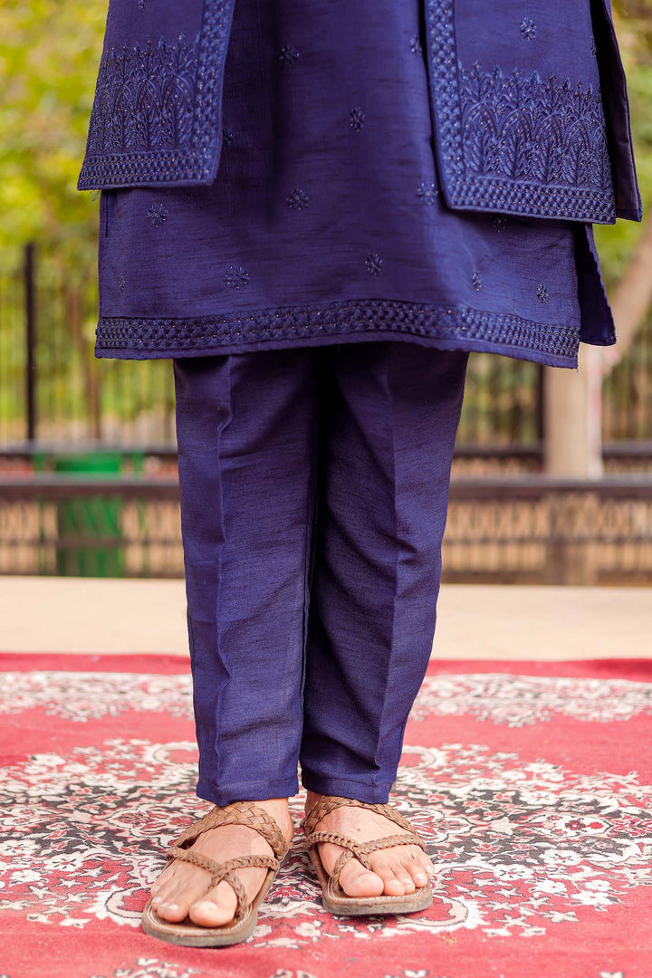 Navy Blue Front Open Jacket With Kurta Suit.