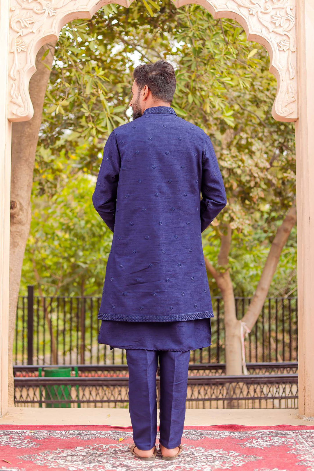 Navy Blue Front Open Jacket With Kurta Suit.