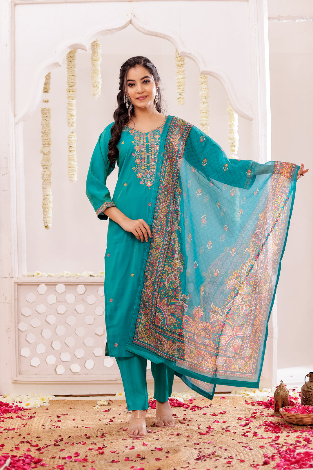Teal Blue Soft Silk Straight Cut Kurta Set